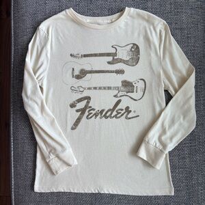 Fender Kids Long Sleeve Shirt in Cream with Guitar Design | Sz Large